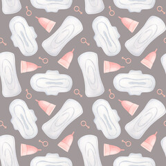 Seamless pattern of menstrual pads and menstrual cup on a gray background. Packaging for female intimate hygiene products. Personal hygiene product for women. Watercolor illustration.