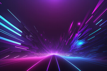 Abstract glowing blue purple neon lights background illustration. Generative AI