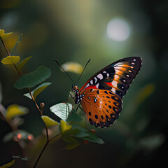 Un papillon qui butine en foret sur une branche feuillue