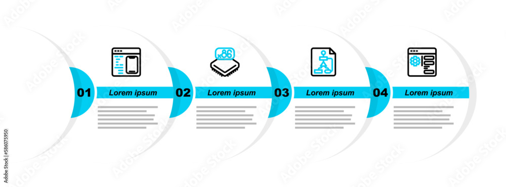 Wall mural set line browser setting, flowchart, processor with microcircuits cpu and software icon. vector