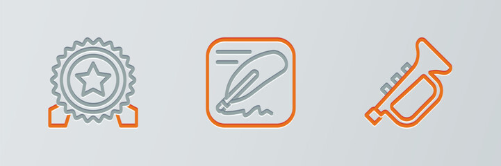 Set line Trumpet, Medal with star and Declaration of independence icon. Vector