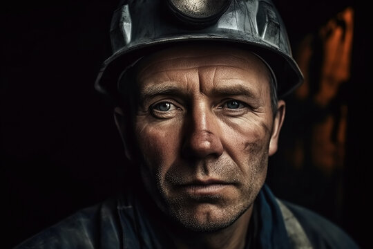 miner with a dirty face in helmet at work in coal mine. Generative AI