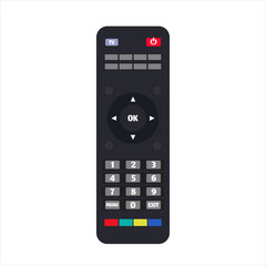 TV remote control device isolated on white background Television technology channel surfing equipment with icon buttons Technology Telecommunication Keyboard. Vector illustration.