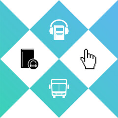 Set Audio book, Bus, and Pixel hand cursor icon. Vector