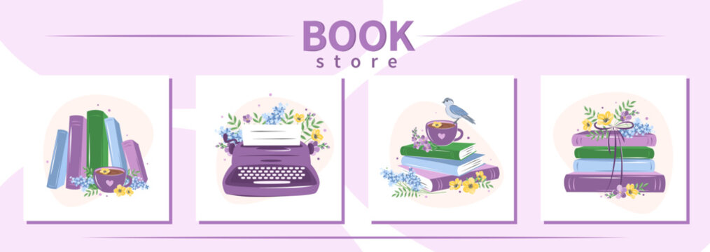 Set of layout design for bookshop, library, bookstore, festival or education.  Books with spring flowers. Vector illustration
