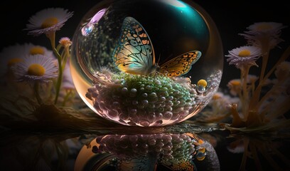  a glass ball with a butterfly inside of it on a table.  generative ai