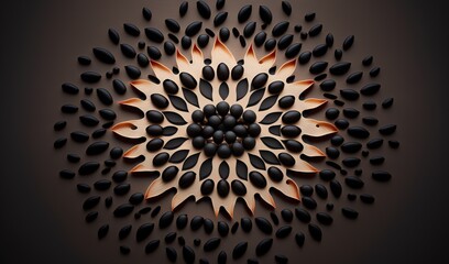  a black and orange flower made out of pencils on a black background.  generative ai