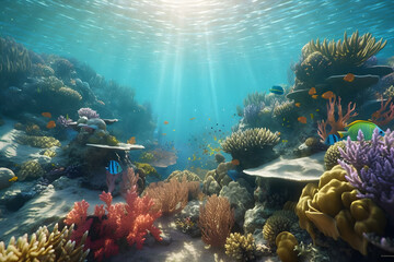 Fototapeta na wymiar Colorful coral reef with exotic fish - Generative AI
