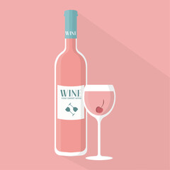 glass and bottle of rose wine on a pink background, simplified vector illustration in flat and vintage style