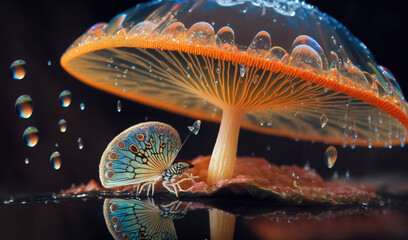  a close up of a mushroom with water droplets on it.  generative ai