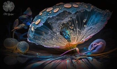  a blue butterfly sitting on top of a blue flower covered in water.  generative ai
