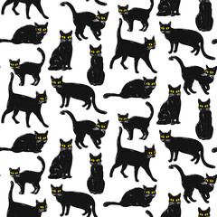 Seamless pattern featuring a Halloween black cat with yellow eyes. A flat cartoon cat in retro style is sitting, standing. An angry, dissatisfied, frowning animal. Color vector illustration