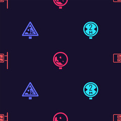 Set Road traffic sign, Warning road, warning rockfall and ublic transport board on seamless pattern. Vector