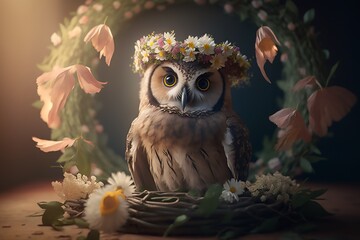 owl in a wreath of flowers, sitting in big arch of flowers and branches