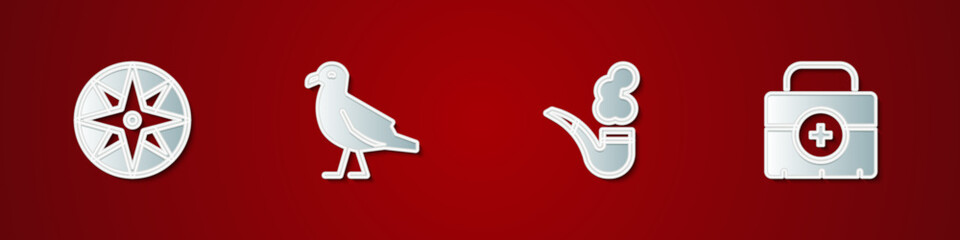 Set Wind rose, Bird seagull, Smoking pipe and First aid kit icon. Vector