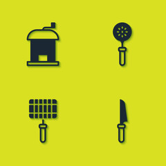 Set Manual coffee grinder, Knife, Barbecue steel grid and Spatula icon. Vector