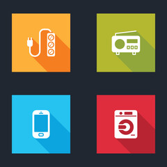 Set Electric extension, Radio, Mobile phone and Washer icon. Vector