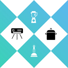 Set Air conditioner, Rubber plunger, Blender and Cooking pot icon. Vector