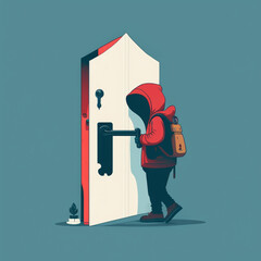 A cartoon of a person with a backpack that says  lock  on the door.