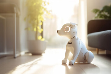 Android robotic pet dog sitting in room. Generative AI