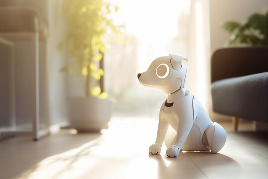 Android robotic pet dog sitting in room. Generative AI