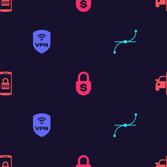Set Bezier curve, Shield with VPN wireless, Money lock and Smart car security system on seamless pattern. Vector