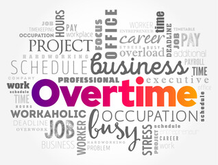 Overtime - amount of time someone works beyond normal working hours, word cloud concept background