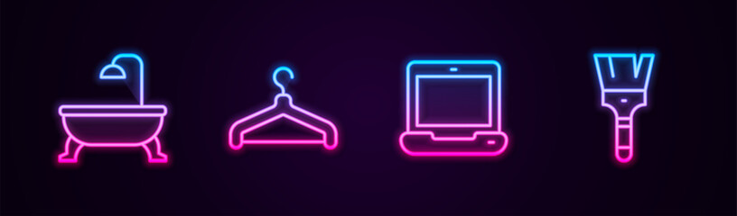 Set line Bathtub, Hanger wardrobe, Laptop and Paint brush. Glowing neon icon. Vector