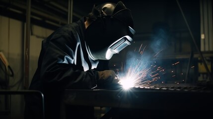 Industrial welder welding metal profiles. Generative AI
