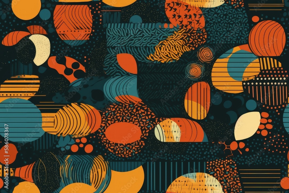 Poster vibrant abstract pattern with circular shapes and intersecting lines created with generative ai tech