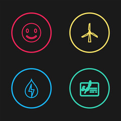 Set line Water energy, Signed document, Wind turbine and Smile face icon. Vector