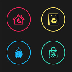 Set line Earth planet in water drop, Shopping bag with recycle, and Eco friendly house icon. Vector