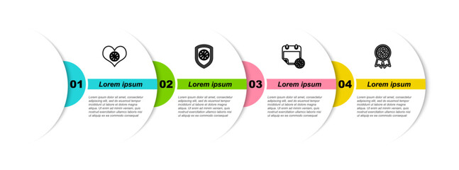 Set line Heart with basketball ball, Shield in the, Basketball on sport calendar and award. Business infographic template. Vector