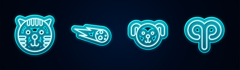 Set line Tiger zodiac, Comet falling down fast, Dog and Aries. Glowing neon icon. Vector