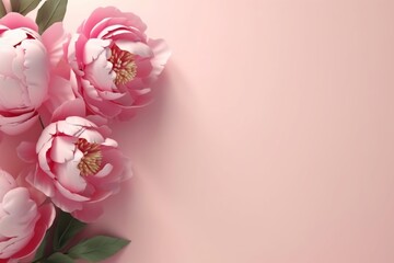 Fototapeta premium 3d pastel pink peony minimalistic copy space top view banner. AI generated