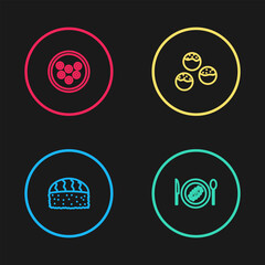 Set line Sushi, Served cucumber on a plate, Takoyaki and Caviar icon. Vector