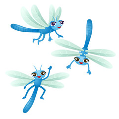 Funny cartoon blue dragonflies. Cartoon dragonflies for children on a white background