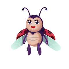 Obraz premium Set of funny cartoon ladybugs. A ladybug sits on a flower. Ladybug flying. Cartoon ladybugs for children on a white background