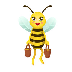  Funny cartoon bee. Bee carry nectar, honey in buckets. Cartoon bee for children on a white background