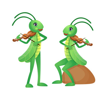  Funny cartoon grasshoppers.Grasshopper playing the violin. Cartoon grasshoppers for children on a white background