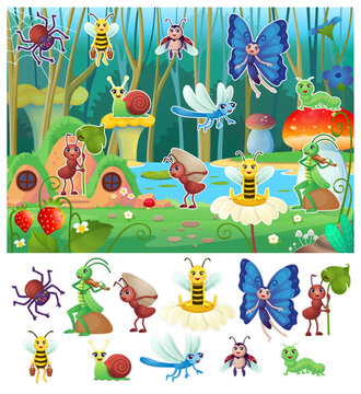 Play set for kids insects in the forest. Cartoon sticker insects. Play with your child, find insects by contour and silhouette.Humanized insects with hands and eyes for kids.