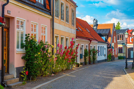 Traditional colorful street in Swedish town Ystad