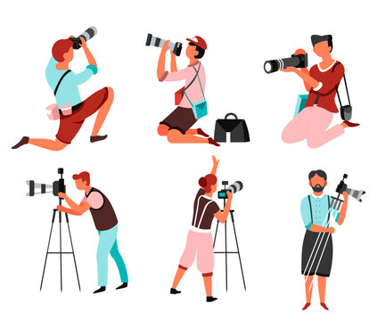 Photo camera and photographers men and women with isolated male and female characters vector