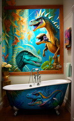 Dinosaur and the bathtub created with Generative Al technology