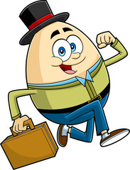 Happy Humpty Dumpty Egg Cartoon Character Running And Carries Briefcase. Vector Hand Drawn Illustration Isolated On Transparent Background