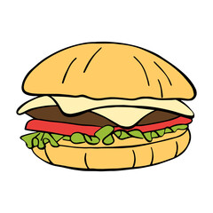 vector doodle burger color, icon on white background, fast food symbol, american food