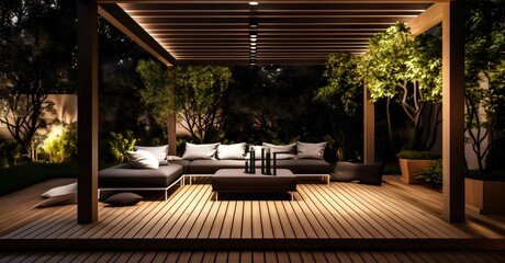 Fototapeta premium Terrace with wooden elements in garden. Greenery scenery, night. Generative AI