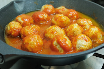 Meatballs in Tomato Sauce Cooked in a Small Frying Pan