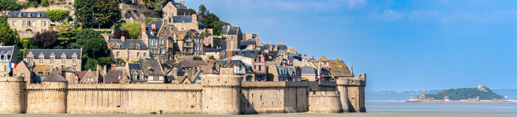 Medieval architecture background - Panoramic view of the Mont de Sain Michel village in Normandy, France