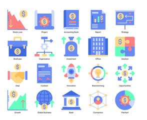 Business Icon Set Flat Style, money, bank, accounting, finance, teamwork